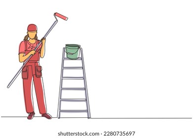 Continuous one line drawing painter woman in overalls with a painting roller, with bucket and ladder. Room painter. Handywoman. Construction worker. Single line draw design vector graphic illustration