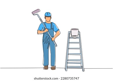 Pintor de dibujo continuo de una línea en los overoles con un rodillo de pintura, con balde y escalera. Pintor de habitaciones. Guapo. Trabajador de la construcción. ilustración vectorial de diseño de línea única