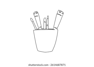 Continuous one line drawing of Painting tools in a cup. Single line drawing illustration of Painting tools. World art day concept vector art. Doodle line illustration.