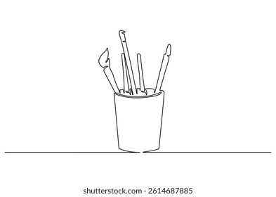 Continuous one line drawing of Painting tools in a cup. Single line drawing illustration of Painting tools. World art day concept vector art. Doodle line illustration.