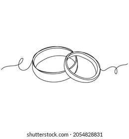 Dibujo continuo de una línea de dos anillos de boda en silueta sobre un fondo blanco. Linear estilizado.