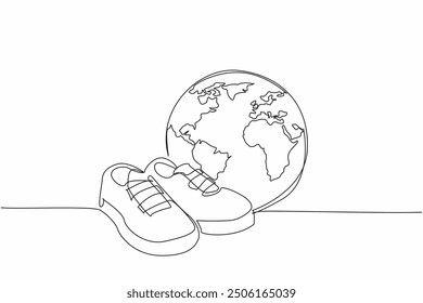 Continua una línea dibujando un par de zapatillas y globo. Metáfora de comprar zapatos en línea. Comprar artículos de primera necesidad puede estar en cualquier lugar. Día Nacional Del Calzado. Ilustración vectorial de diseño de dibujo de línea única