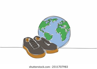 Continuous one line drawing a pair of sneakers and globe. Metaphor of buying shoes online. Buying necessities can be anywhere. National Shoe The World Day. Single line draw design vector illustration