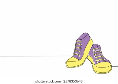 Continuous one line drawing a pair of stacked sneakers. Placement on store displays. Modern casual shoes. Fashion. National Two Different Colored Shoes Day. Single line draw design vector illustration