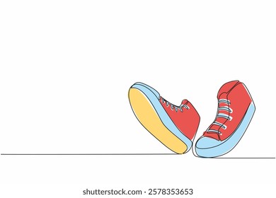 Continuous one line drawing a pair of sneakers like walking. Very comfortable to use for walking or even running. National Two Different Colored Shoes Day. Single line draw design vector illustration