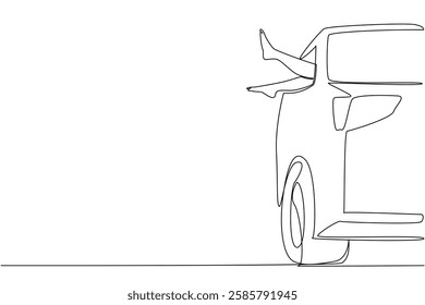 Continuous one line drawing a pair of feet sticking out of the car window. A bright Saturday morning or while waiting for a beautiful sunset. No Socks Day. Single line draw design vector illustration