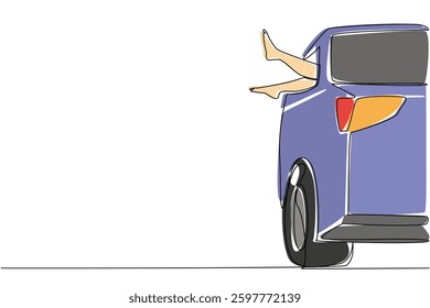 Continuous one line drawing a pair of feet sticking out of the car window. A bright Saturday morning or while waiting for a beautiful sunset. No Socks Day. Single line draw design vector illustration