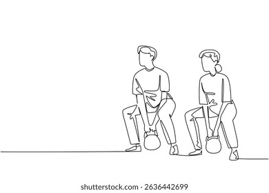Continuous one line drawing a pair of grandparents are doing fitness on fitness mate. Maintain muscle mass together. National Senior Health and Fitness Day. Single line draw design vector illustration