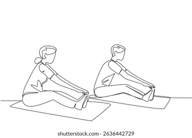 Continuous one line drawing a pair of grandparents stretching legs on the fitness mate. Cooldown. Pilates. Yoga. National Senior Health and Fitness Day. Single line draw design vector illustration