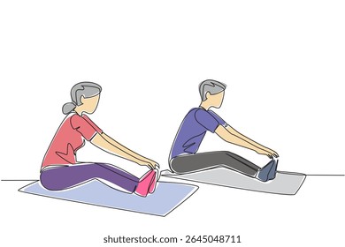 Continuous one line drawing a pair of grandparents stretching legs on the fitness mate. Cooldown. Pilates. Yoga. National Senior Health and Fitness Day. Single line draw design vector illustration