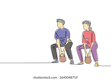 Continuous one line drawing a pair of grandparents are doing fitness on fitness mate. Maintain muscle mass together. National Senior Health and Fitness Day. Single line draw design vector illustration