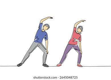 Continuous one line drawing a pair of grandparents are doing arm stretches on a fitness mate. Anti cramp movements. National Senior Health and Fitness Day. Single line draw design vector illustration