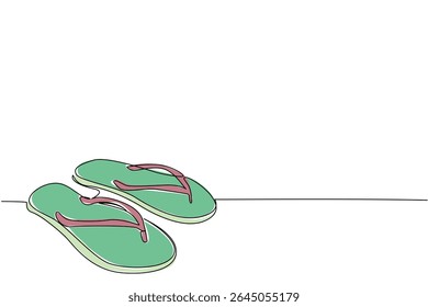 Uma linha contínua desenhando um par de flip flop. Um complemento para uma caminhada relaxante na praia. Férias de verão mais emocionantes. Dia Nacional do Flip Flop. Ilustração de vetor de design de desenho de linha única