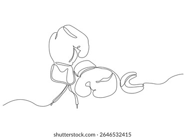 Continuous one line drawing of a pair of boxing gloves and a mouthguard, symbolizing strength, sport, and discipline in minimal style. Vector illustration, Editable stroke