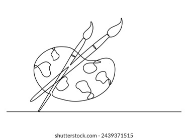 Dibujo continuo de una línea de paleta con pincel de pintura símbolo de arte logo ilustración vectorial.
