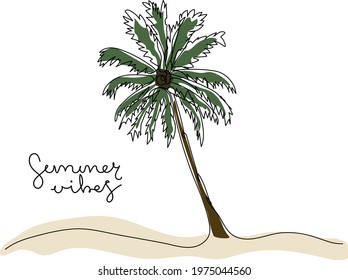 Continuous one line drawing of palm tree with coloring and handwritten text Summer Vibes.