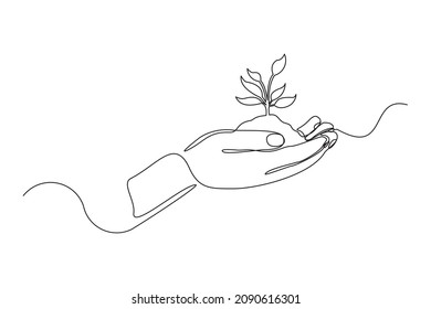 Continuous one line drawing palm hand holding together a green young plant. Single one line hand holding tree. Forest conservation concept design vector graphic illustration