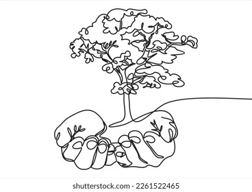 Continuous one line drawing palm hand holding together a green young plant. Single one line hand holding tree. Forest conservation concept design vector graphic illustration