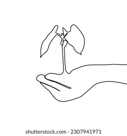 Continuous one line drawing palm hand holding together a green young plant Single one line hand hol