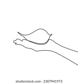 Continuous one line drawing palm hand holding together a green young plant Single one line hand hol