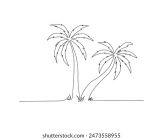 Durchgehende einzeilige Zeichnung der Palmen-Vektorgrafik. Kokospalmen-Umriss-Vektorillustration. Bearbeitbarer Strich.