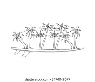 Continuous one line drawing of palm tree above the surf longboard. Surfboard and palms tree single outline vector illustration. Editable stroke.