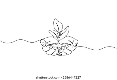 Continuous one line drawing palm hand holding together a green young plant, Hand holding plant's pot. Continuous one line drawing of back to nature theme. Growing plant in hand palm.