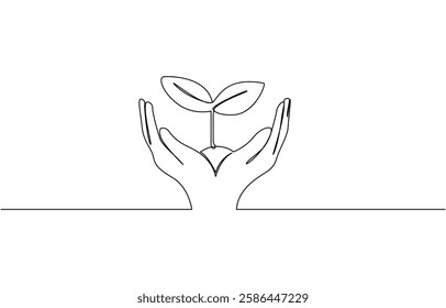 Continuous one line drawing palm hand holding together a green young plant, Hand holding plant's pot. Continuous one line drawing of back to nature theme. Growing plant in hand palm.