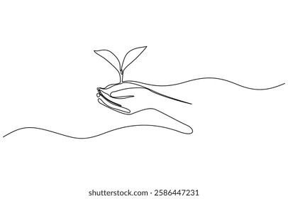 Continuous one line drawing palm hand holding together a green young plant, Hand holding plant's pot. Continuous one line drawing of back to nature theme. Growing plant in hand palm.