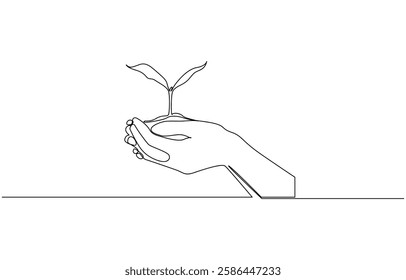 Continuous one line drawing palm hand holding together a green young plant, Hand holding plant's pot. Continuous one line drawing of back to nature theme. Growing plant in hand palm.