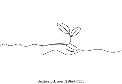 Continuous one line drawing palm hand holding together a green young plant, Hand holding plant's pot. Continuous one line drawing of back to nature theme. Growing plant in hand palm.