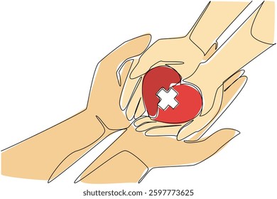 Continuous one line drawing palm and heart with a plus sign in the middle. Taught social sensitivity from an early age. Helping others. World Red Cross Day. Single line draw design vector illustration