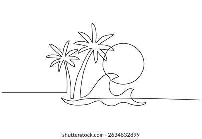 Continuous one line drawing of Palm beach sunset landscape. Beach, Palm tree continuous one line art drawing.