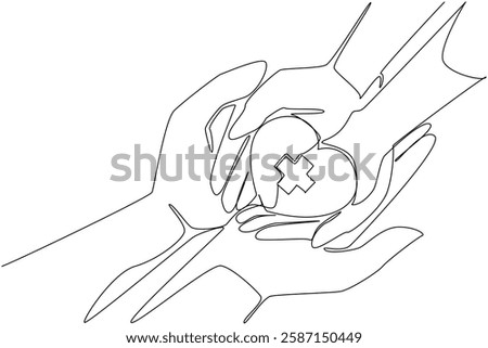 Continuous one line drawing palm and heart with a plus sign in the middle. Taught social sensitivity from an early age. Helping others. World Red Cross Day. Single line draw design vector illustration