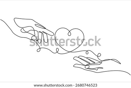 Continuous one line drawing of palms hold heart. Kindness Continuous Line Heart in Palm. Vector doodle illustration for banner, poster social media. Hand drawn one line vector. Editable stroke	
