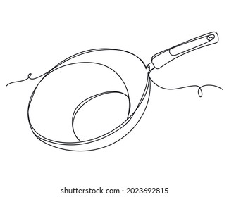 Continuous one line drawing of pan or frying pan in silhouette on a white background. Linear stylized.Minimalist.