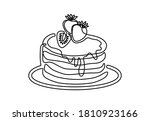 Continuous one line drawing of pancakes with strawberries. Modern hand drawn art dessert and cafe theme for logo. Vector illustration isolated on white