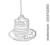 Continuous one line drawing pancakes with jam. Panckakes vector hand drawn silhouette clipart. Sketch isolated on white background