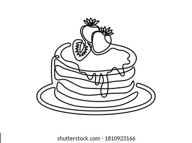 Continuous one line drawing of pancakes with strawberries. Modern hand drawn art dessert and cafe theme for logo. Vector illustration isolated on white