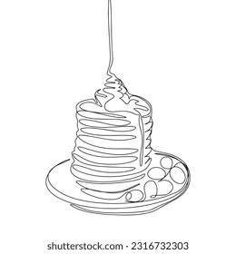 Continuous one line drawing pancakes with jam. Panckakes vector hand drawn silhouette clipart. Sketch isolated on white background