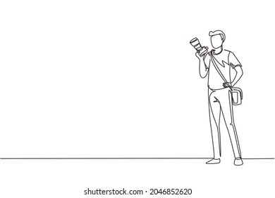 Continuous one line drawing paparazzi and journalist occupation, standing with digital camera and sling bag. Professional photographer taking pictures. Single line draw design vector illustration