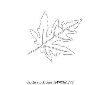 Continuous one line drawing of papaya leaf. Single line drawing illustration of tropical papaya leaf plant. Tropical leaves concept line art. Editable outline