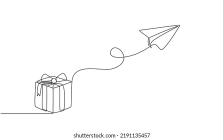 Continuous one line drawing of a paper airplane with cardboard boxes. Online shopping concept, fast delivery on paper airplane with boxes in doodle style. vector illustration