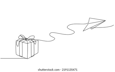 Continuous one line drawing of a paper airplane with cardboard boxes. Online shopping concept, fast delivery on paper airplane with boxes in doodle style. vector illustration