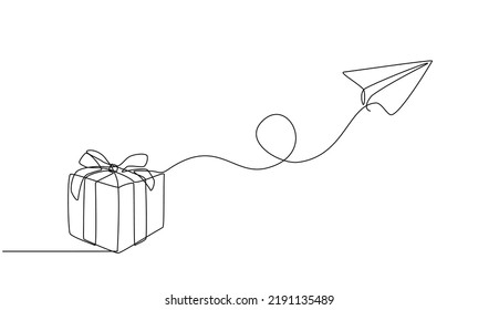 Continuous one line drawing of a paper airplane with cardboard boxes. Online shopping concept, fast delivery on paper airplane with boxes in doodle style. vector illustration