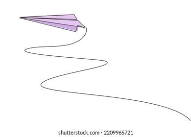 Continuous one line drawing of paper airplane flying up to the sky on white background. Paper aero plane origami concept. Kids toy trendy single line draw design vector graphic illustration