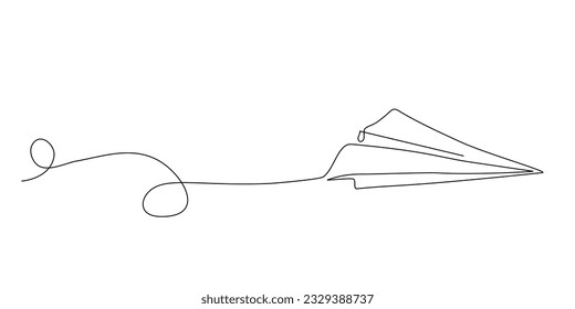 Continuous one line drawing of paper plane flying up for business, travel or journey illustration. Single line art style. Airplane with destination line path. Doodle handdrawn drawing editable stroke