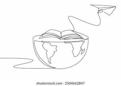 Ein durchgehendes, einzeiliges Zeichenpapierflugzeug durchquert den halben Globus. Klug damit, die Hälfte über die Welt zu wissen. Mathematiker. Internationaler Tag der Mathematik. Vektorgrafik mit einfarbiger Zeichnung