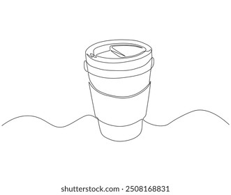 Continuous one line drawing of paper cup of coffee. One line drawing illustration of coffee takeaway. International coffee day concept single line. Editable outline