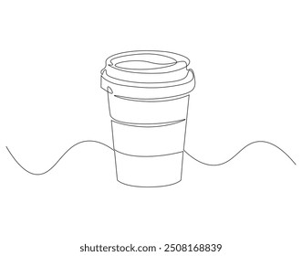 Continuous one line drawing of paper cup of coffee. One line drawing illustration of coffee takeaway. International coffee day concept single line. Editable outline